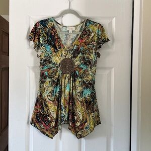 Dress Barn Paisley Yellow Brown Teal Beaded Top Small